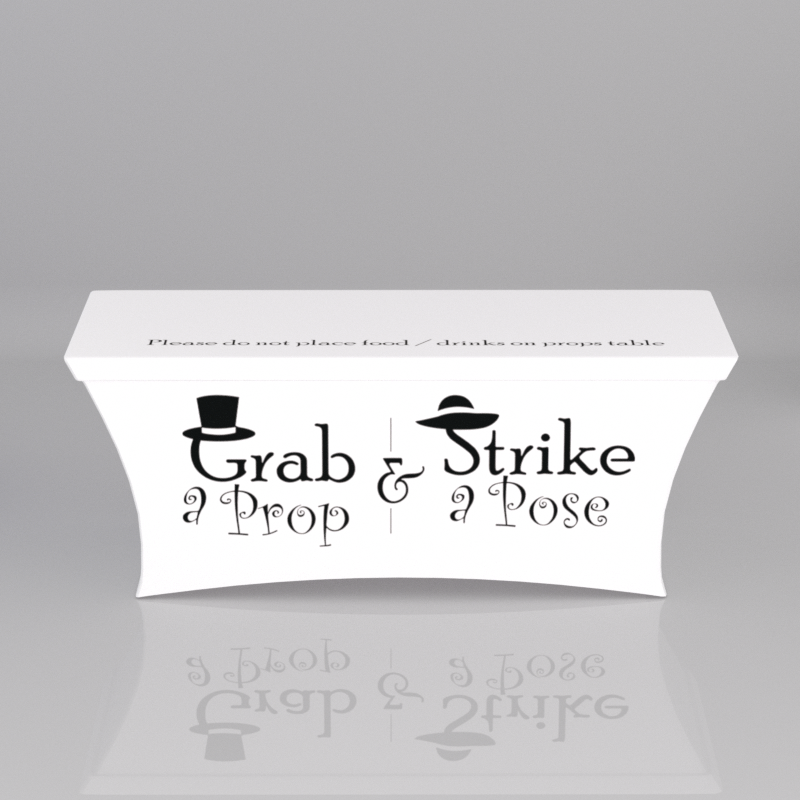 6ft White Spandex Fabric Table Cover Grab a Strike Silver Bold Letters with hats