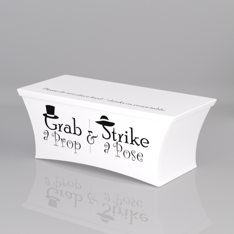 6ft White Spandex Fabric Table Cover Grab a Strike Silver Bold Letters with hats