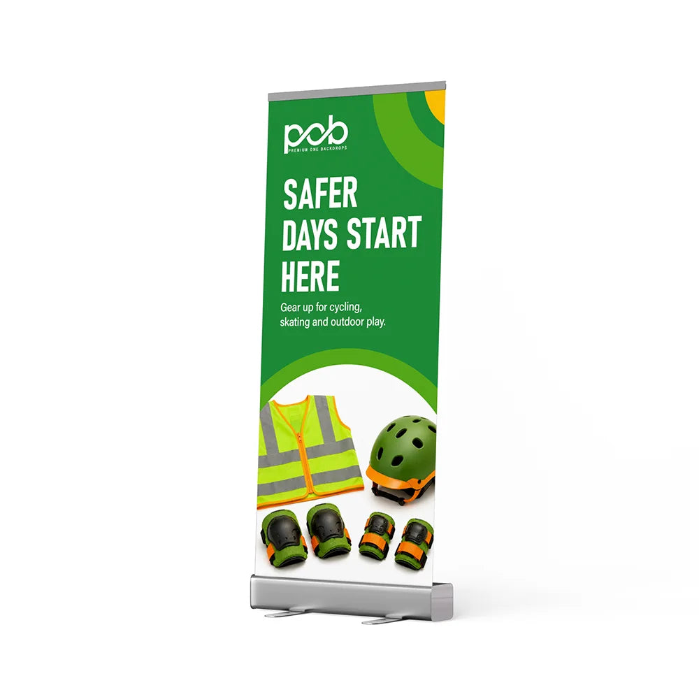 Budget roll up banner stand – left angle view