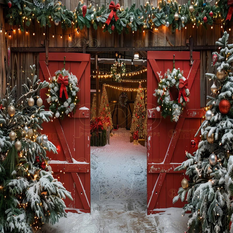 premium one pillowcover backdrops-Christmas Rustic Barn Entrance Backdrop