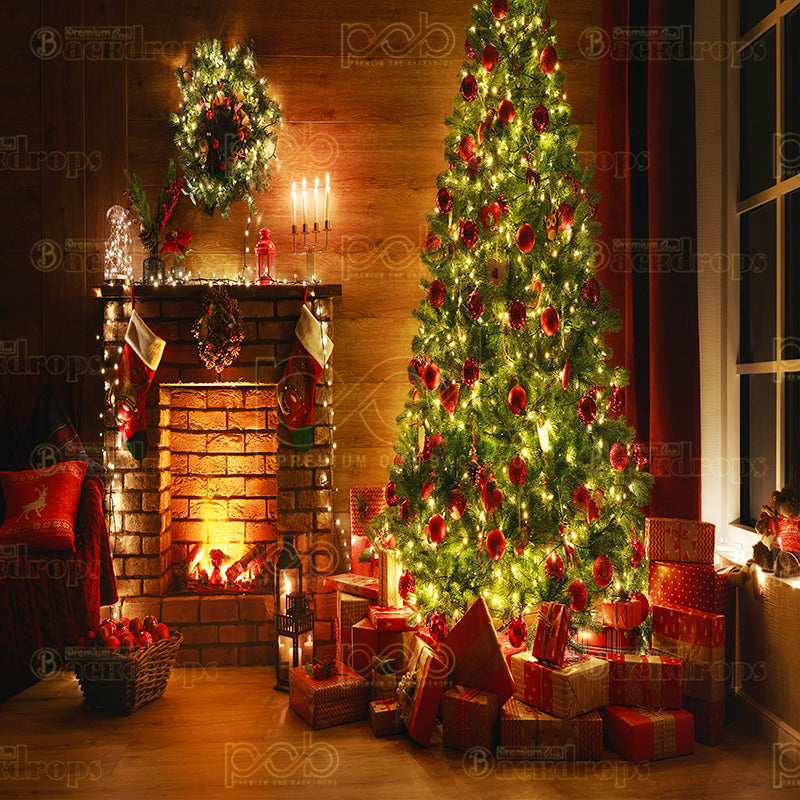 premium one pillowcover backdrops-Christmas Tree with Fireplace