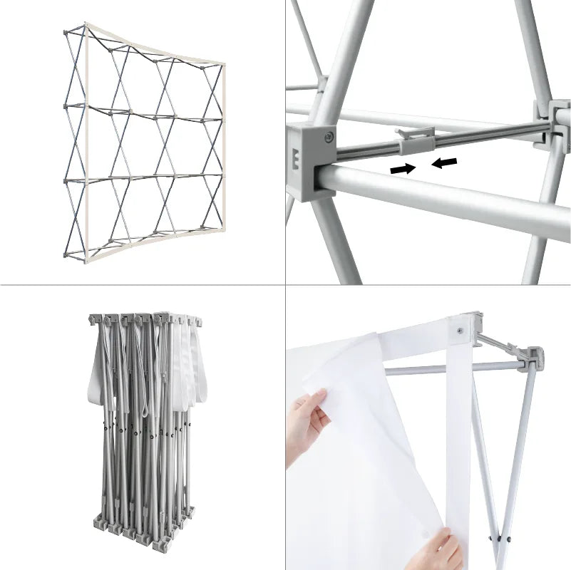 Curved pop up display frame, connector and fabric graphic components shown together