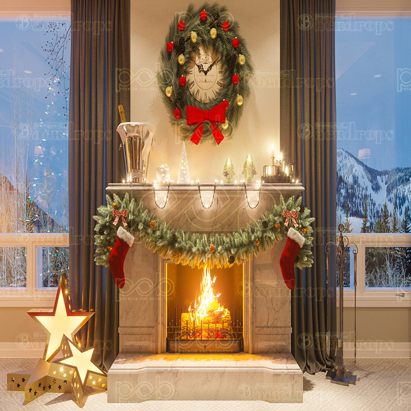 premium one pillowcover backdrops-Elegant Fireplace Holiday