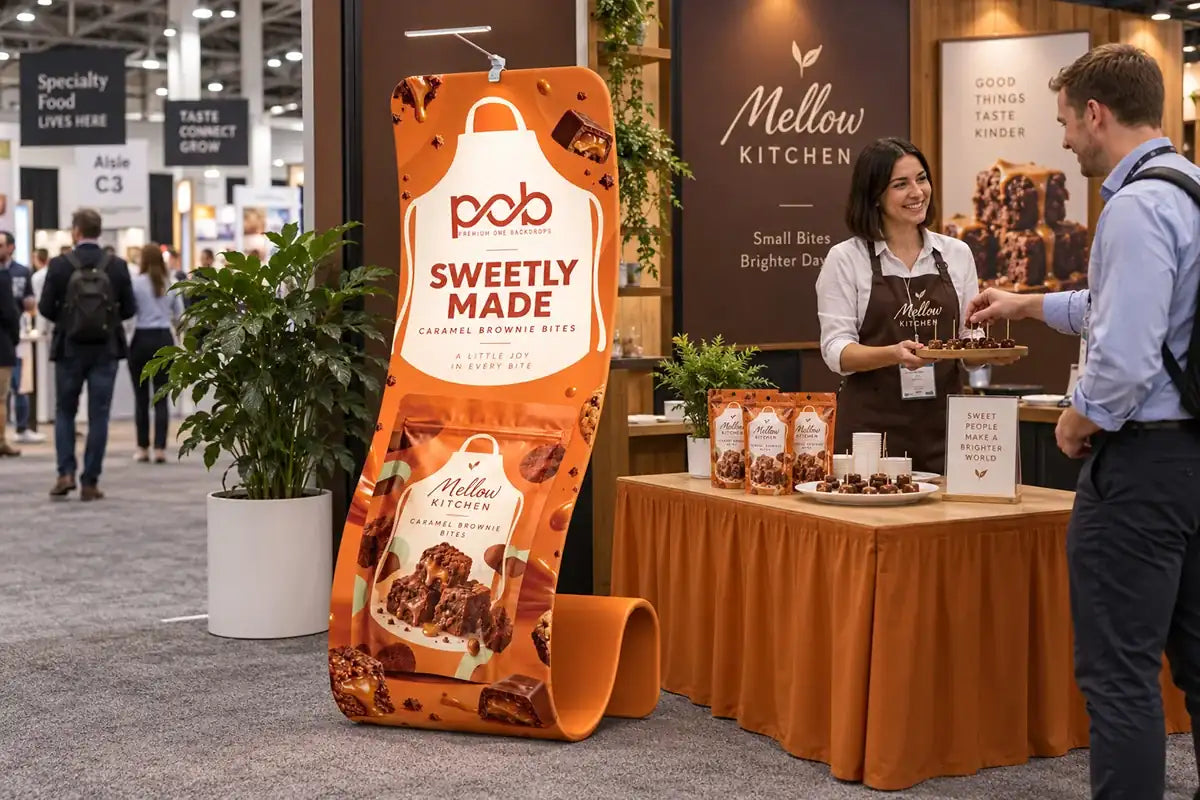 Snake-shaped fabric display stand showcasing snack products at a food trade show booth