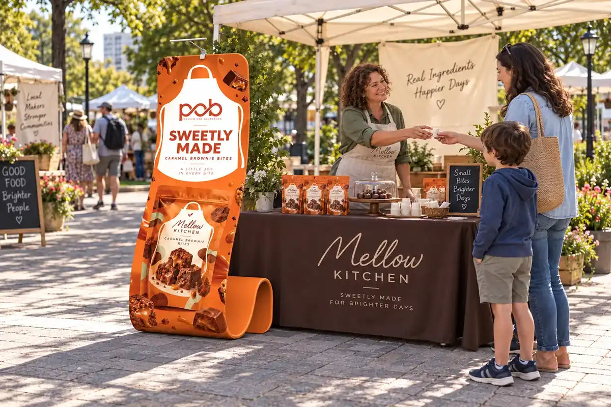 Snake-shaped fabric display stand promoting packaged snacks at an outdoor market
