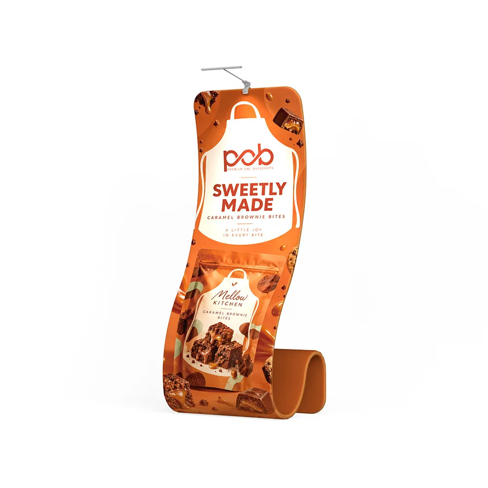 Curved fabric display stand with an S-shaped frame, branded graphics and a freestanding base