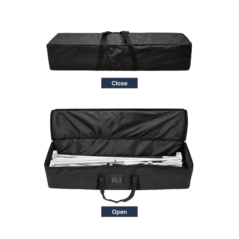 Portable fabric pop up counter carrying bag shown closed and open with the folded frame inside