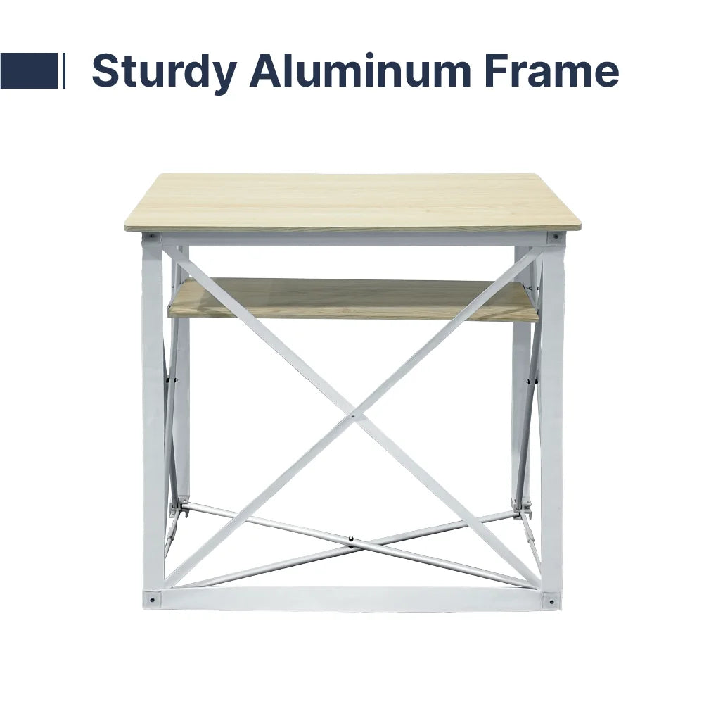 Fabric pop up counter aluminum frame with cross braces, interior shelf and wood-look tabletop