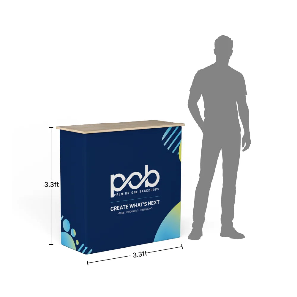 Fabric pop up counter display measuring 3.3 ft wide and 3.3 ft high with a human silhouette for scale