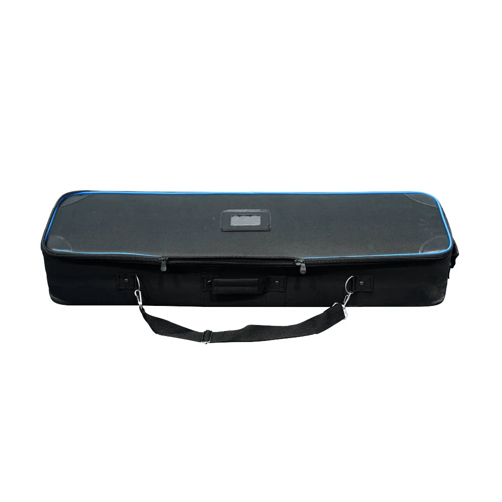 Front view of a black hard carrying case with blue edging, dual zippers and a center label window