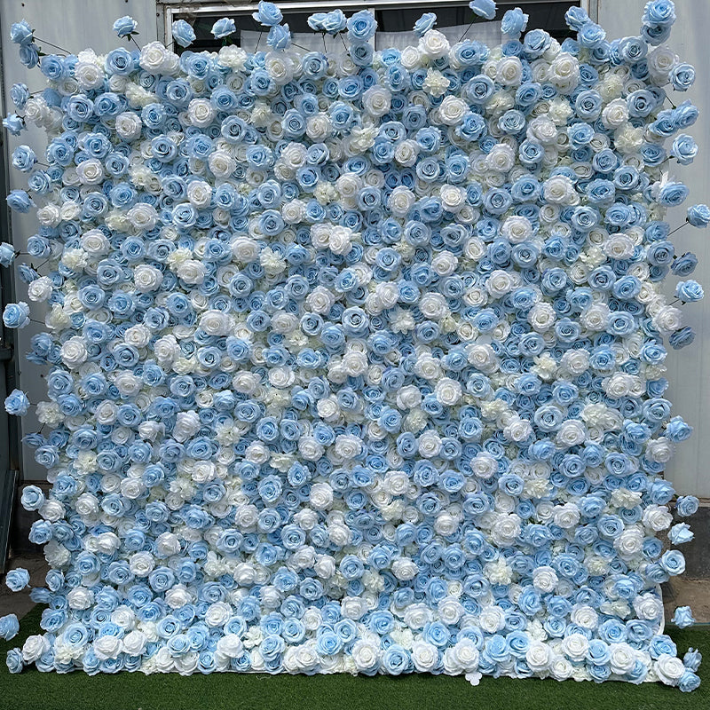 Light Blue White Rose Fabric Flower Wall