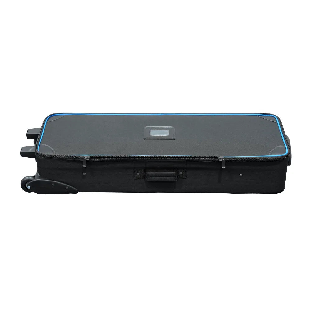Front view of a black wheeled hard carrying case with a center handle, dual zippers and blue edging