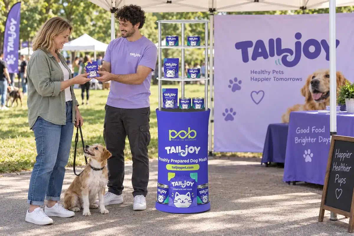 Oval display rack with three shelves showcasing pet food products at an outdoor promotional event