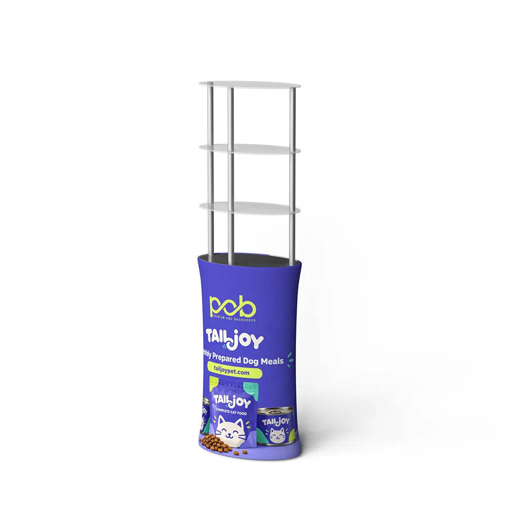 Three-tier oval display rack featuring rounded shelves and a branded promotional base