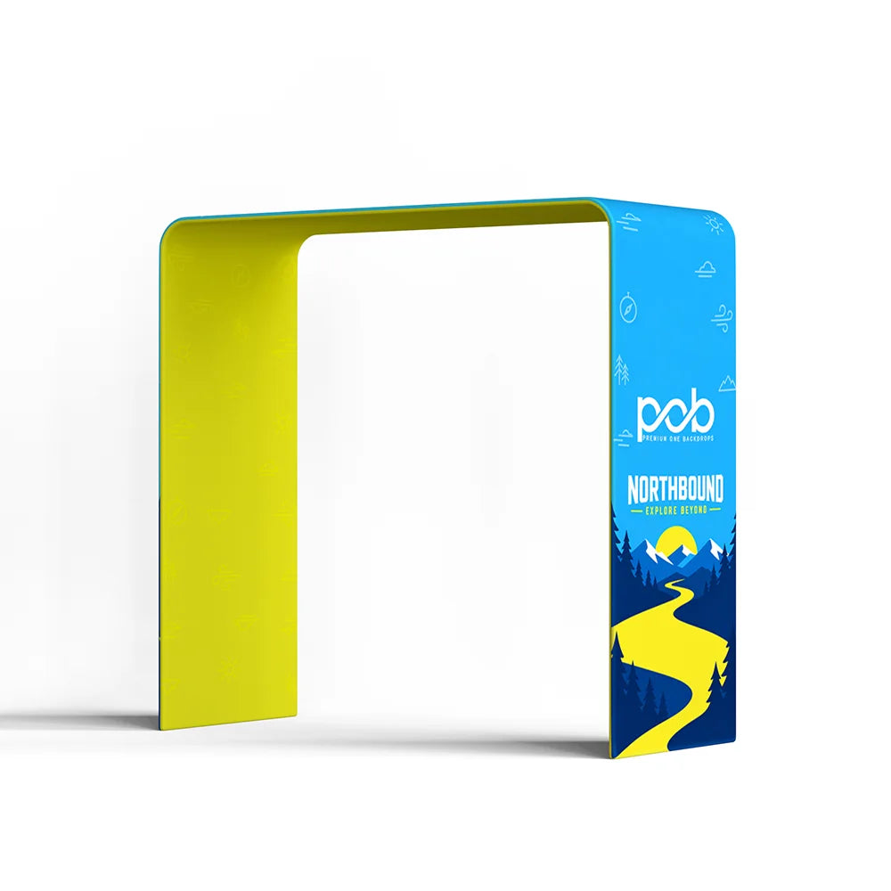 Angled view of a square arch display with blue Northbound graphics and a bright yellow interior