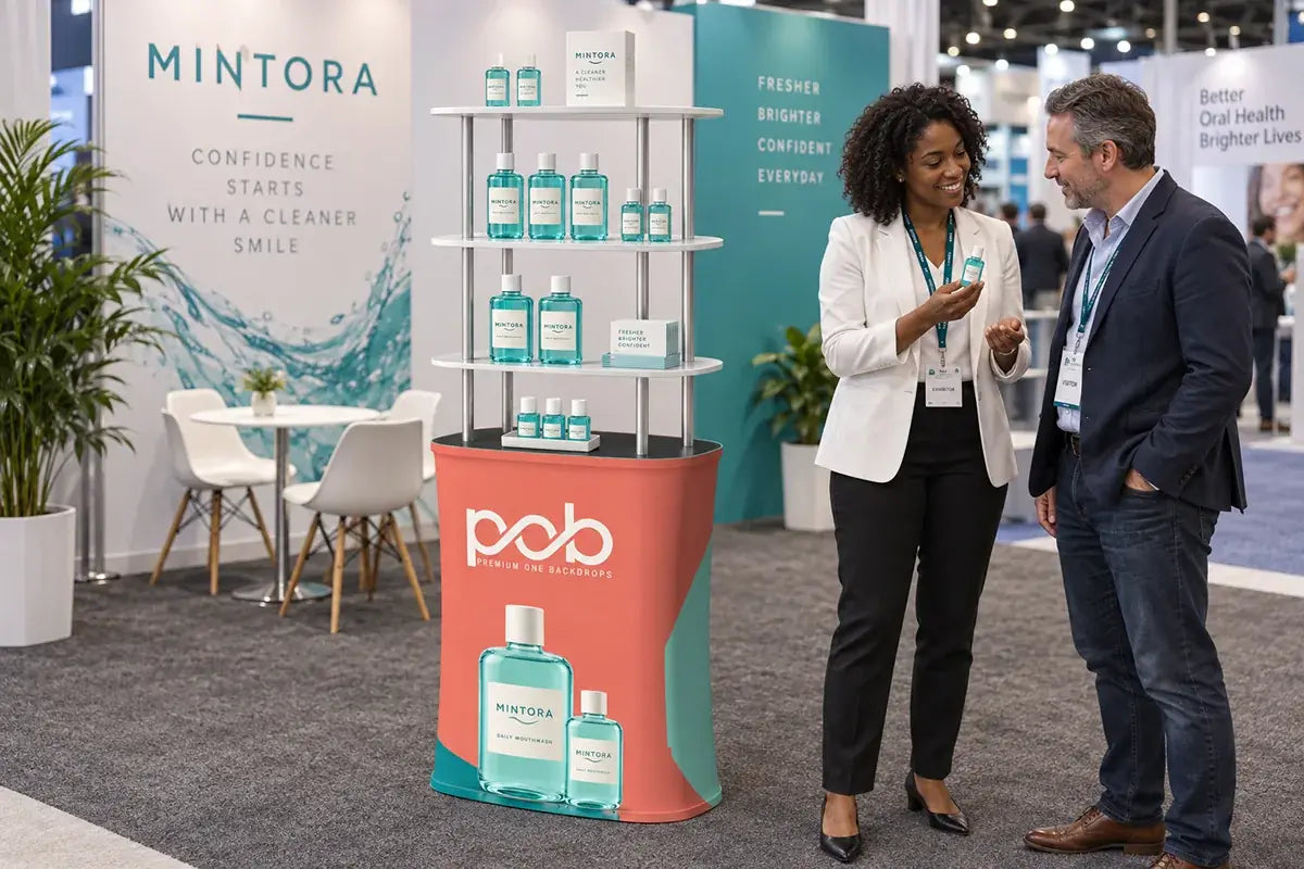 Square display rack with three shelves showcasing oral care products at a trade show booth
