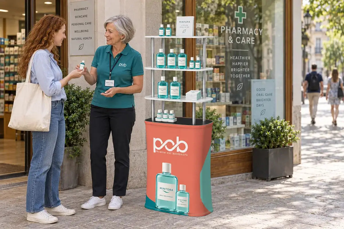 Three-tier square display rack showcasing mouthwash products outside a pharmacy
