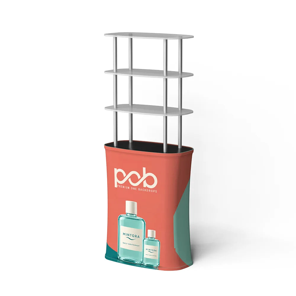 Angled view of a square display rack with three silver shelves and a branded fabric base