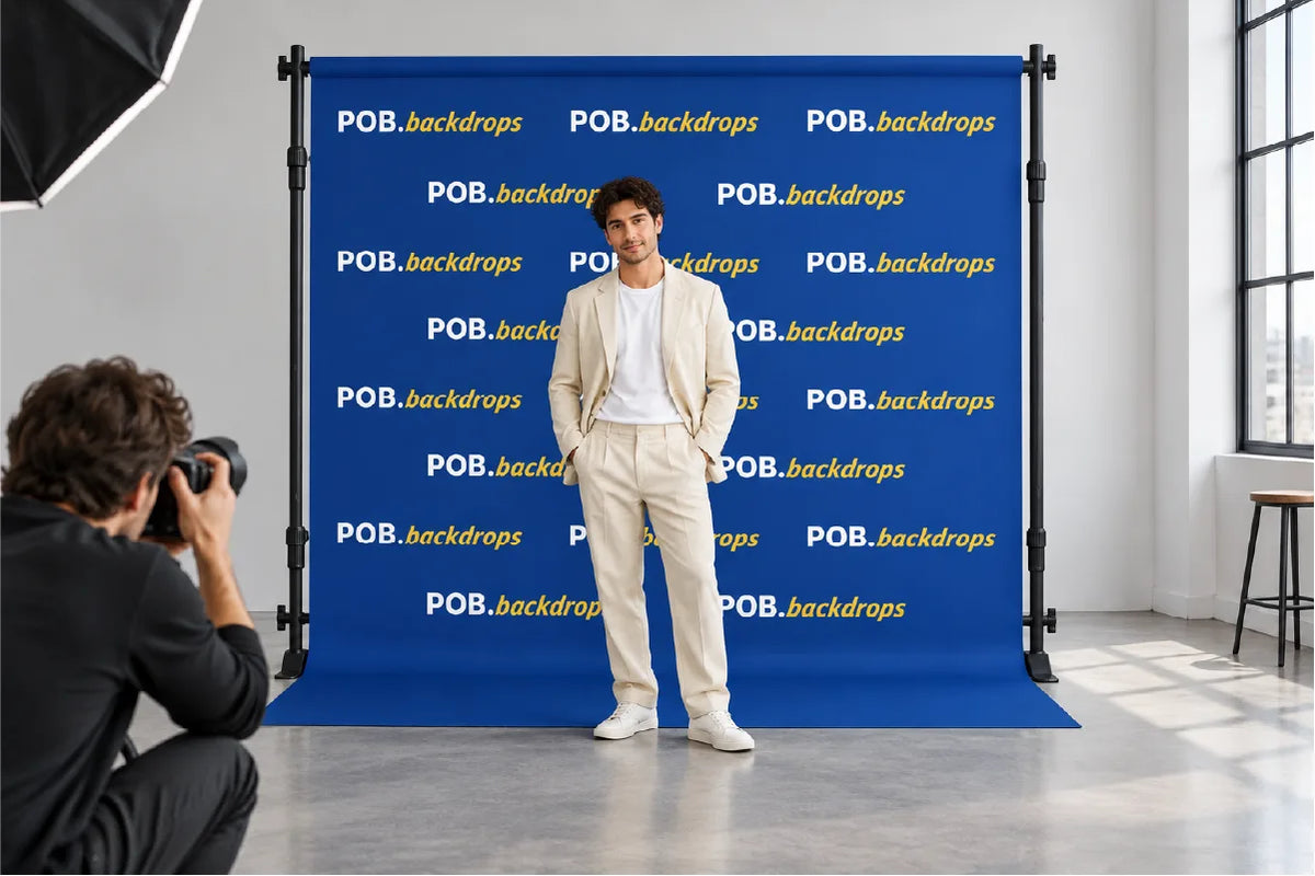 10ft step and repeat banner with floor sweep used as a branded photo backdrop at a trade show