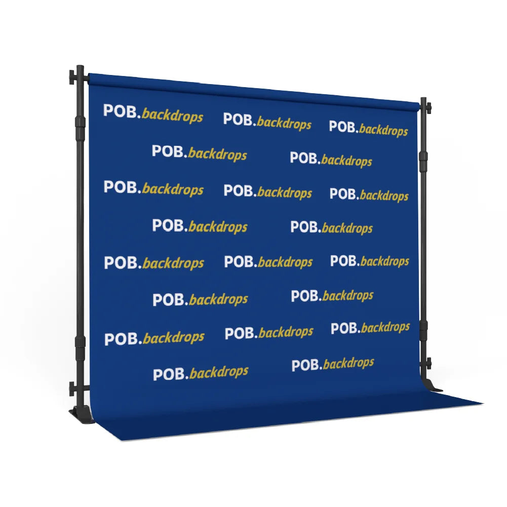 Right angle view of 10ft step and repeat banner with top pole pocket and floor sweep