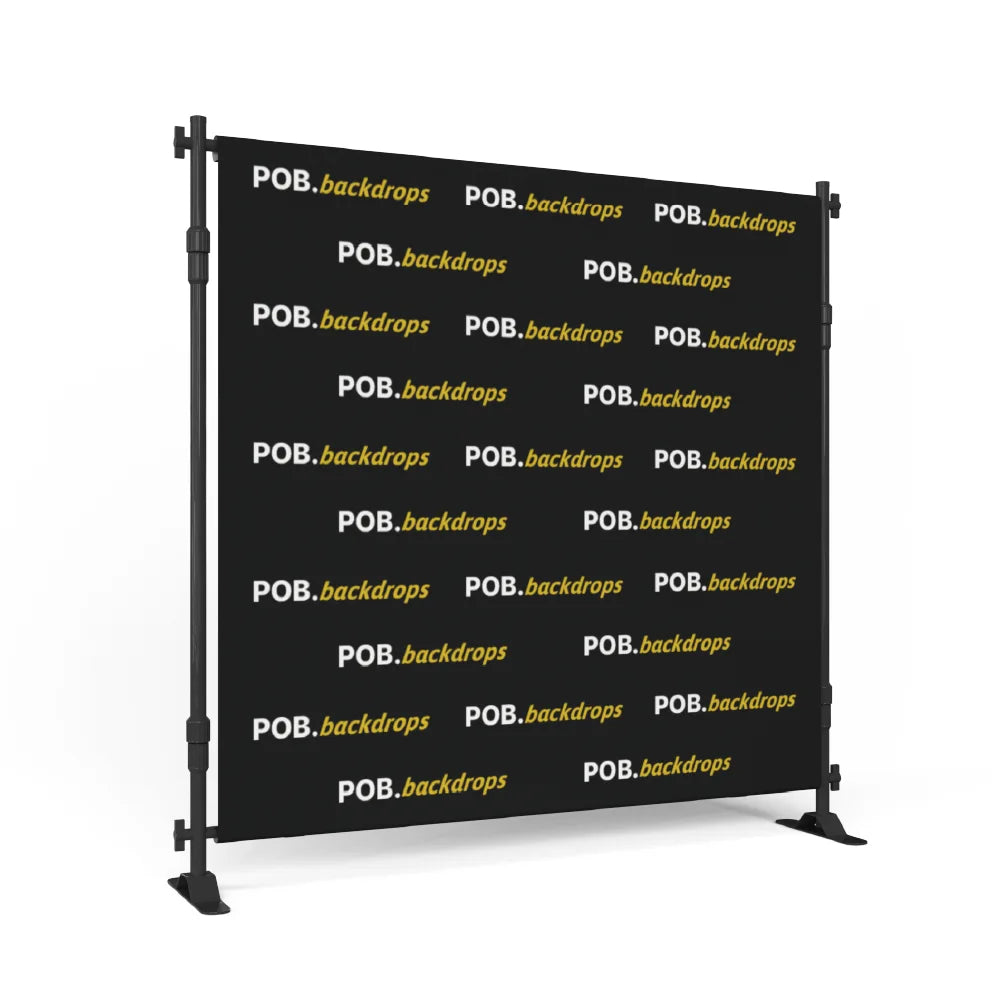 8ft step and repeat banner stand with custom printed fabric shown from right angle