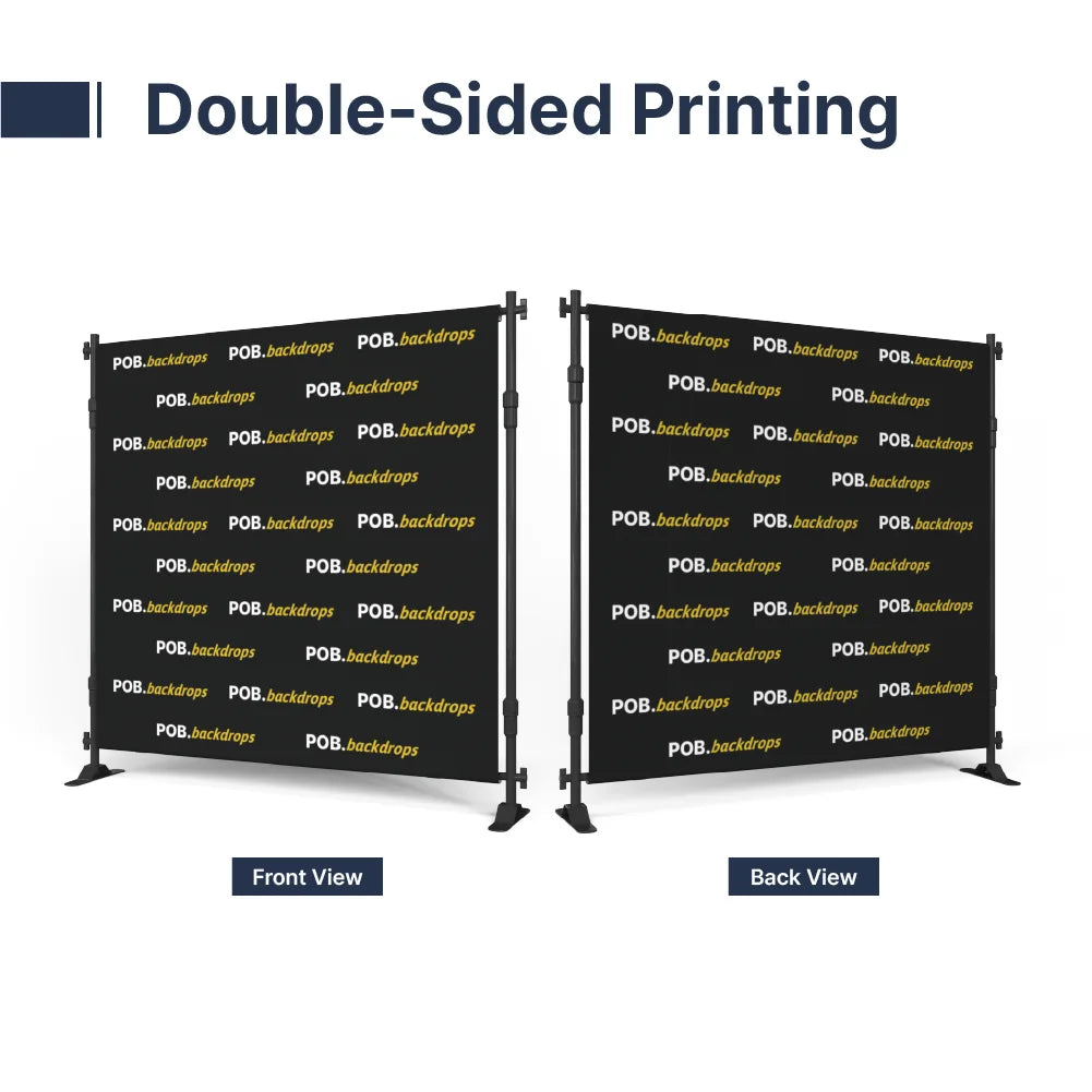 Double-sided 8ft step and repeat banner showing printed graphics on front and back