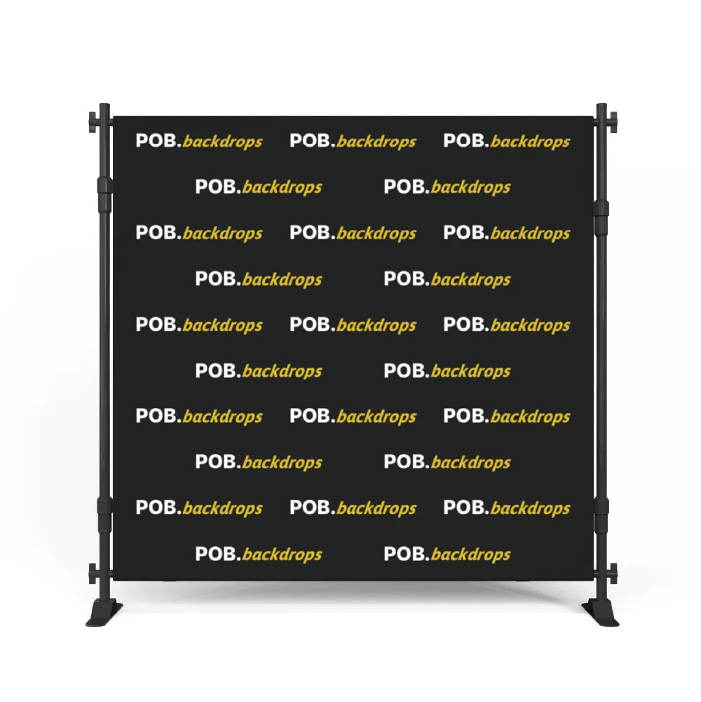 Front view of 8ft step and repeat banner with custom logo backdrop graphic