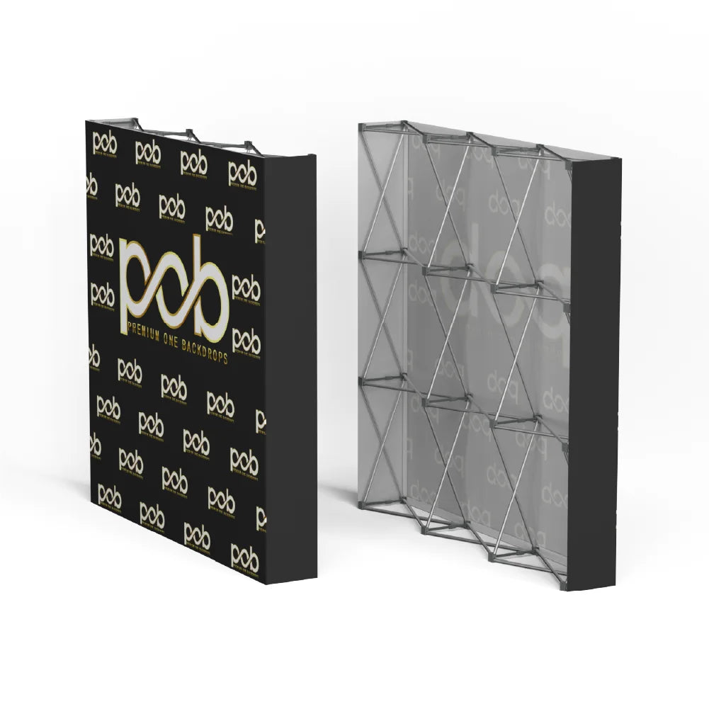 Step and repeat pop up display back view showing frame structure and support system