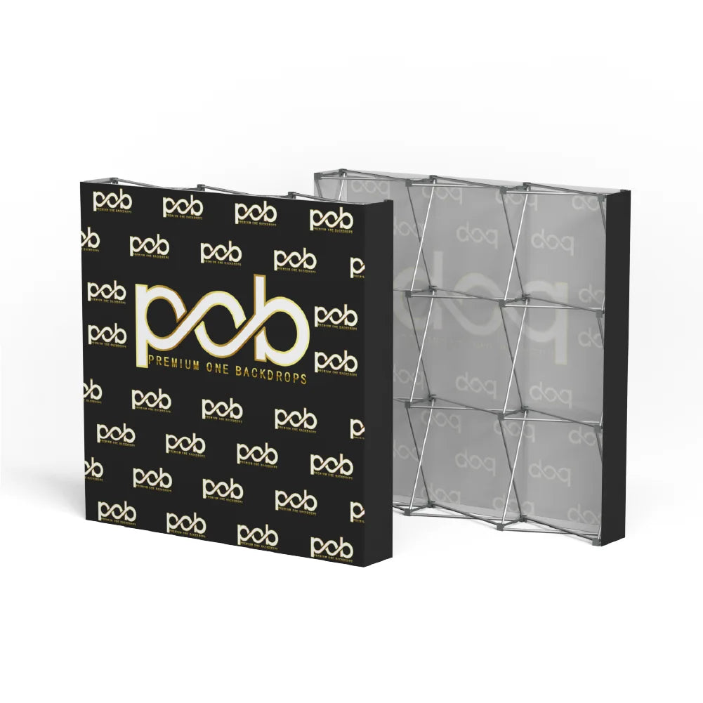 Straight pop up backdrop rear view with collapsible aluminum frame details