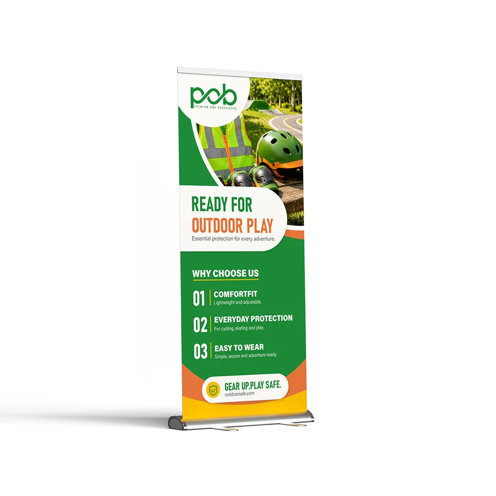Teardrop roll up banner stand – right angle view