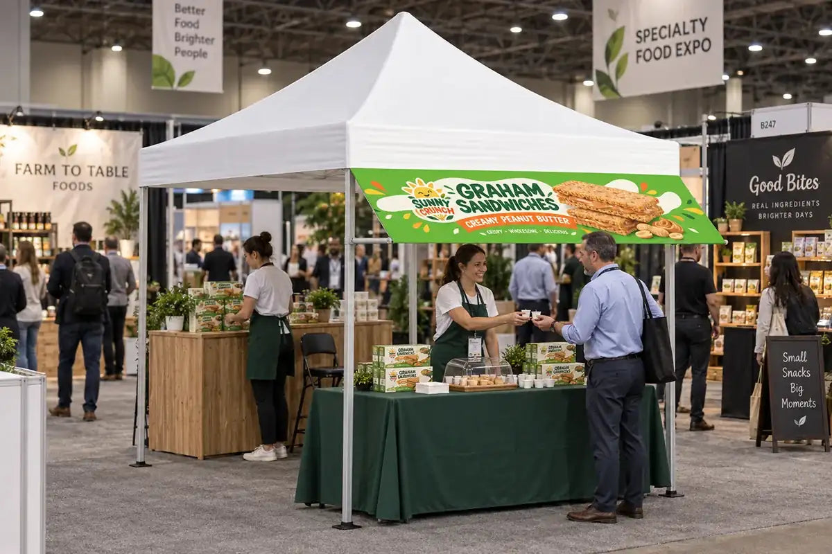 Branded tent awning displayed at an indoor food trade show with a snack sampling booth and visitors