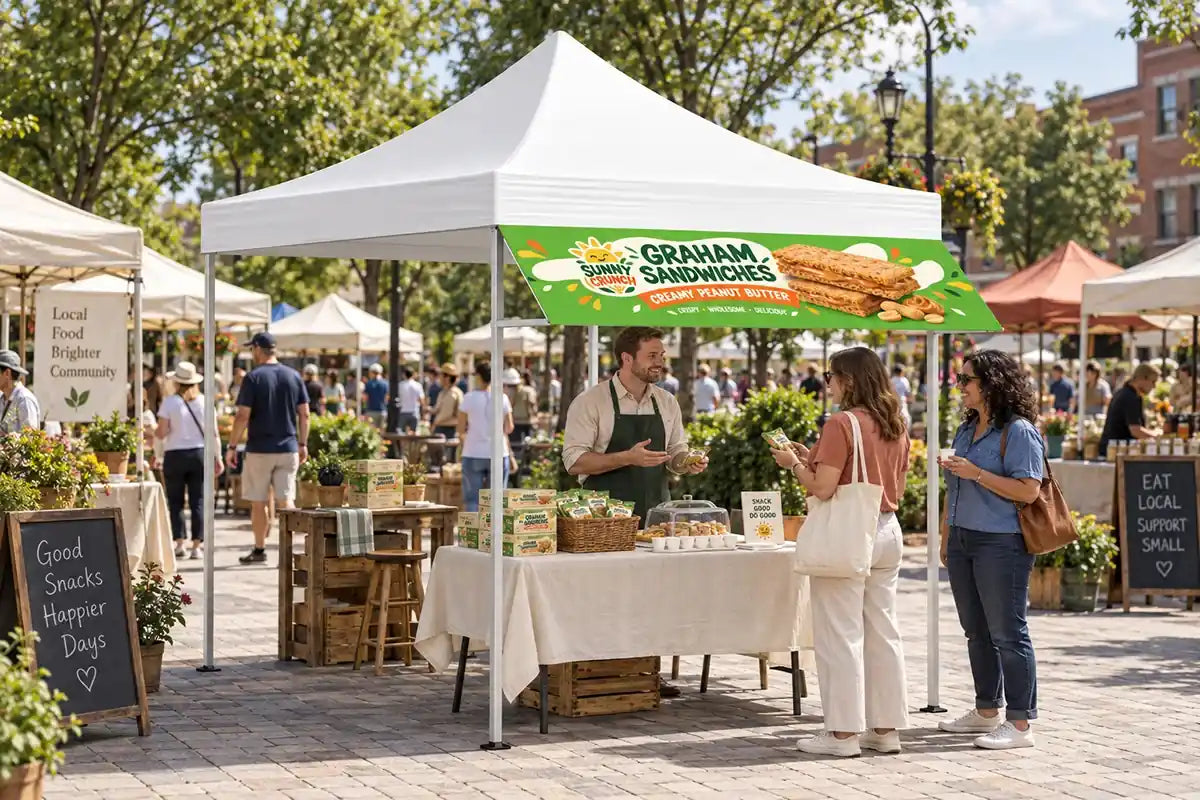 Custom canopy tent awning featuring colorful snack graphics at an outdoor farmers market