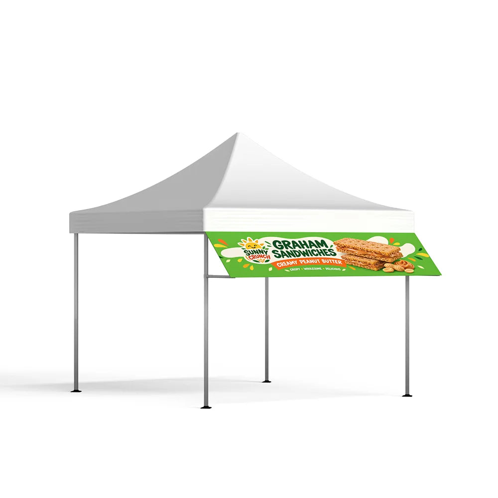 Side angle view of a custom printed tent awning with green advertising graphics mounted on a white canopy