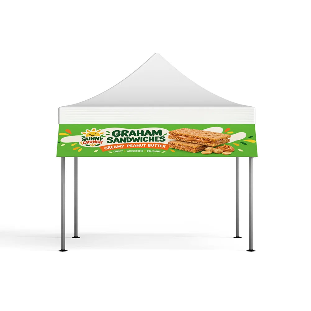 Front view of a custom printed tent awning with green snack branding attached to a white pop up canopy