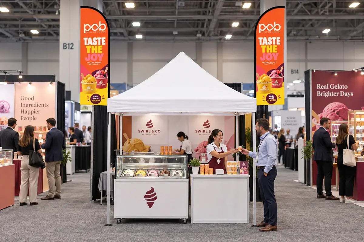 Branded canopy feather flags displaying colorful ice cream graphics at a food exhibition booth