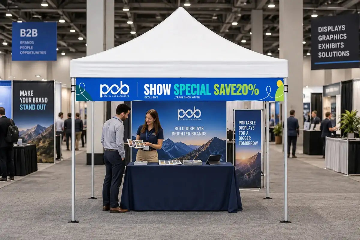 Branded tent valance banner displaying a trade show promotion above a booth at an indoor exhibition