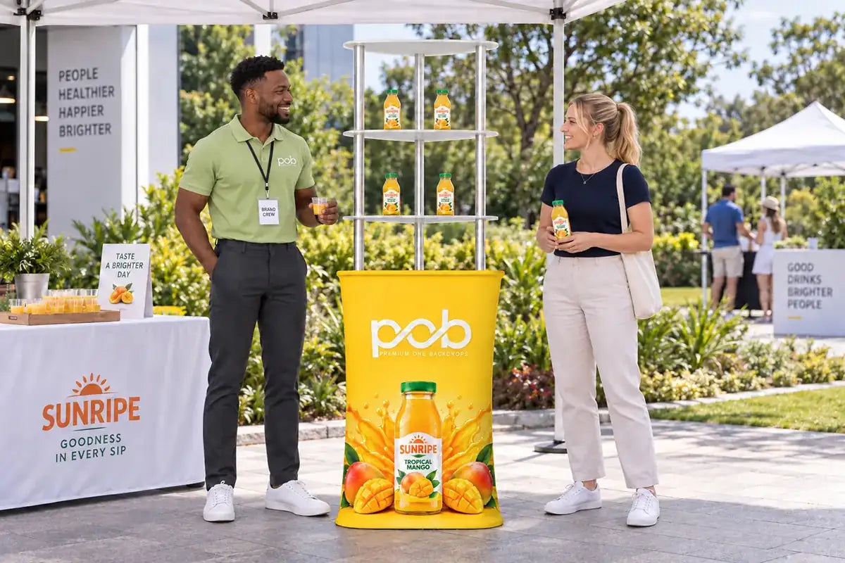 Triangle display rack holding bottled beverages at an outdoor product sampling event