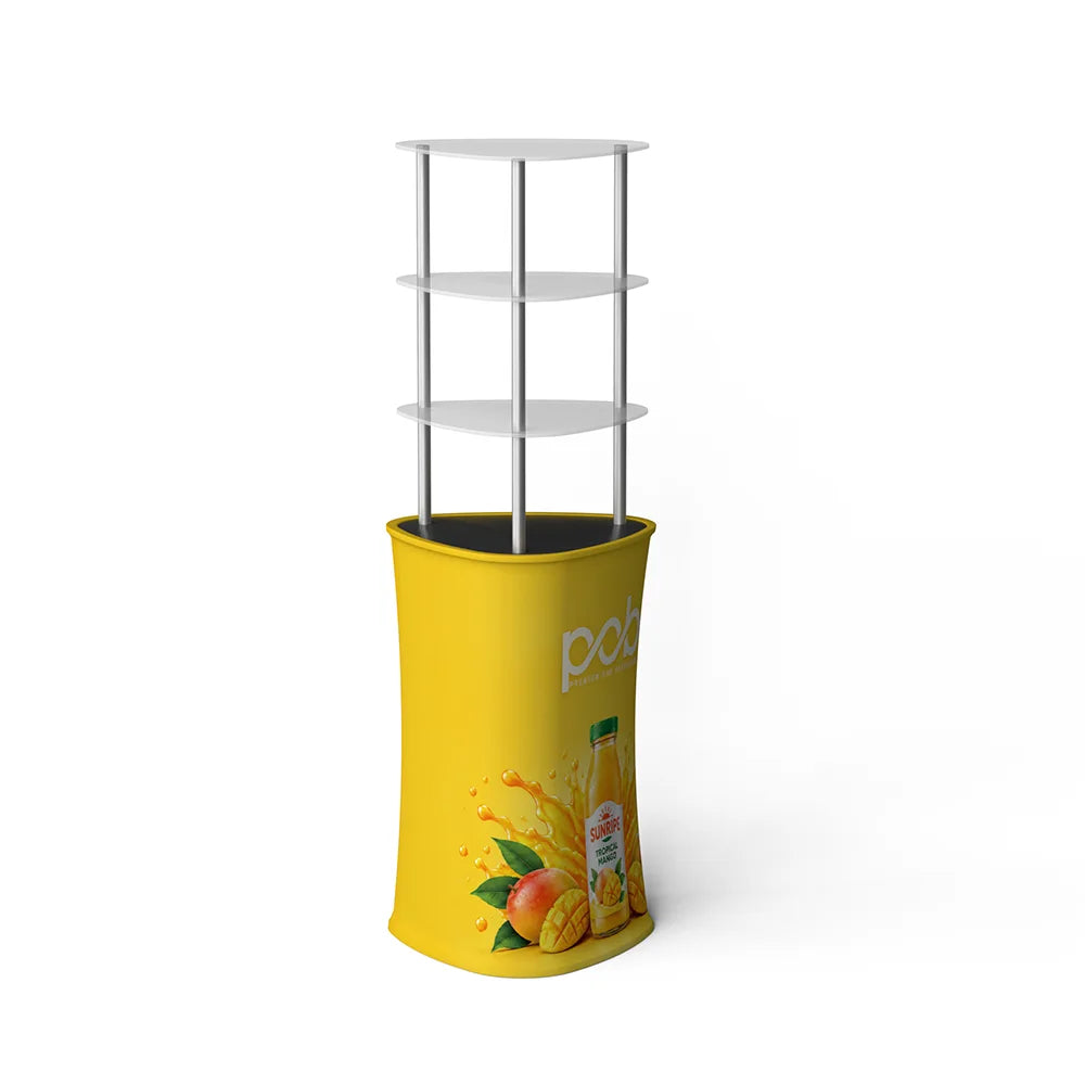 Angled view of a triangle display rack with three white shelves and a yellow branded fabric base