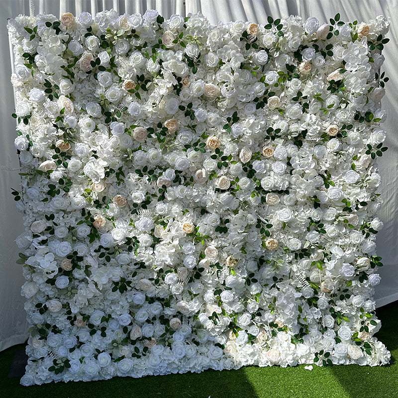 White & Champagne Rose Fabric Artificial Flower Wall