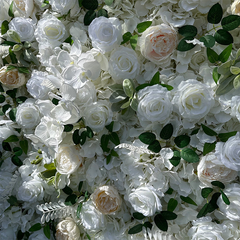 White & Champagne Rose Fabric Artificial Flower Wall