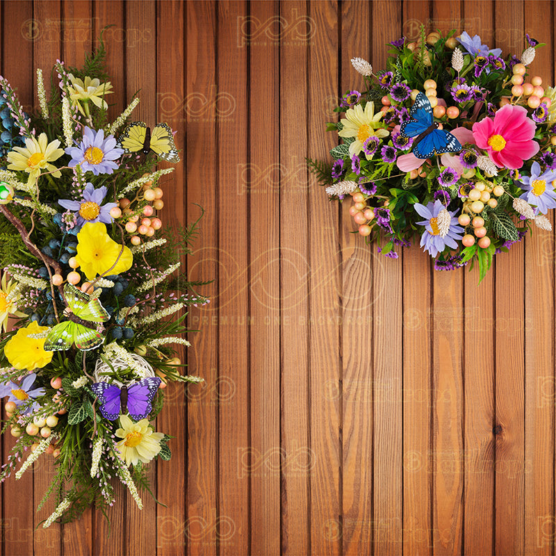 premium one pillowcover backdrops-Wood With Spring Flowers