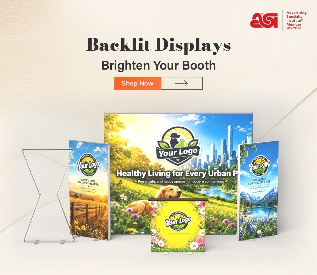 Backlit display booth with illuminated SEG graphics, light box frames and branded counter for trade shows