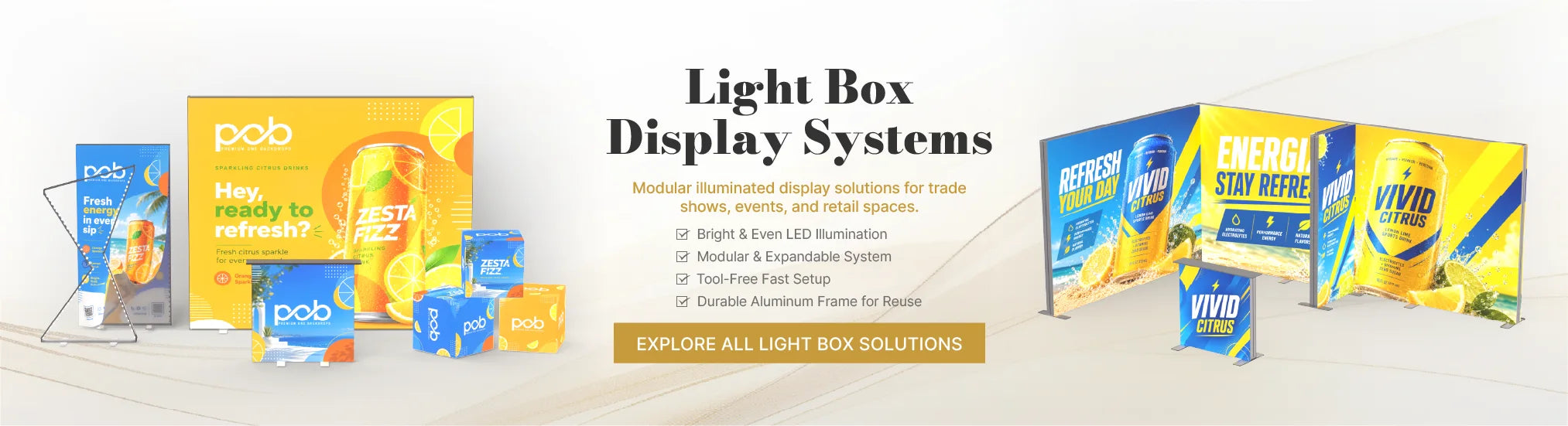 POB SEG display collection featuring fabric display frames, pop up stands, 3D displays and SEG counters for trade shows and events