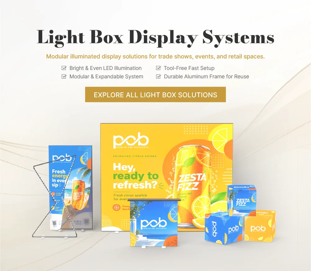 POB SEG display collection featuring fabric display frames, pop up stands, 3D displays and SEG counters for trade shows and events