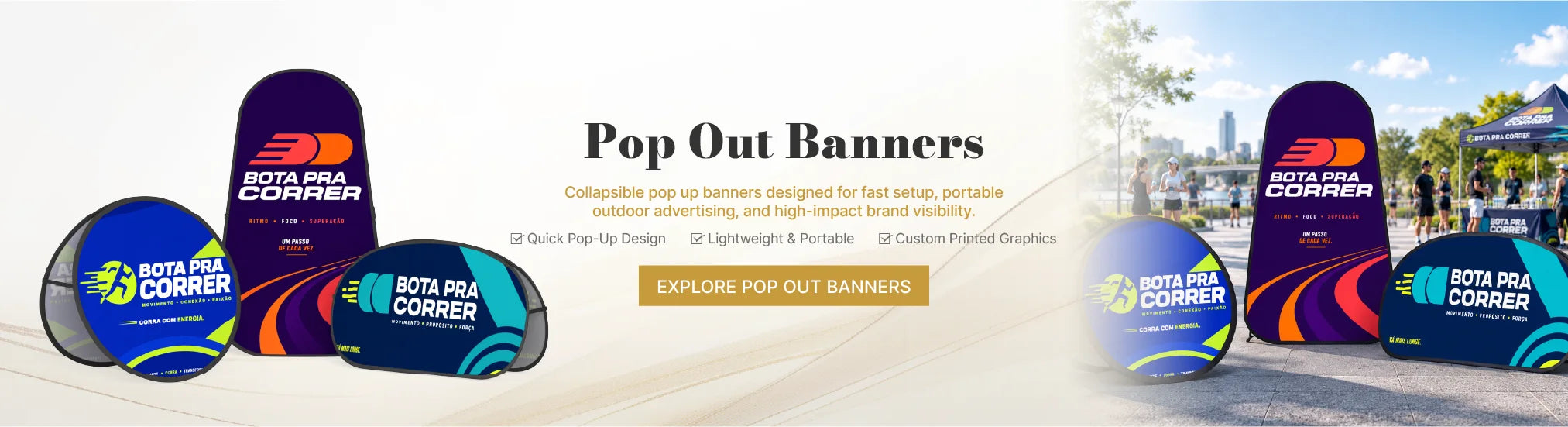 Outdoor pop out banners for sports events, field branding and portable promotional displays
