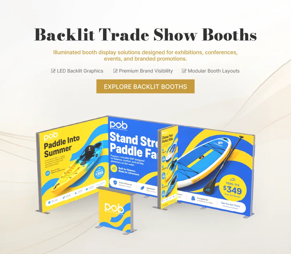 Backlit trade show booth displays with LED lighting and custom SEG fabric graphics
